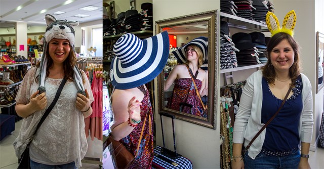Sabrina, Marita, and Nici trying on hats