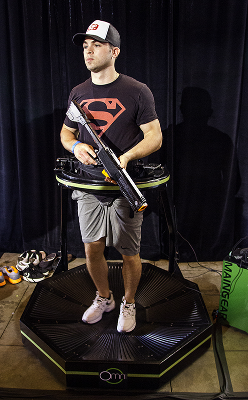 Superman on an Omni with an Oculus Rift within reach