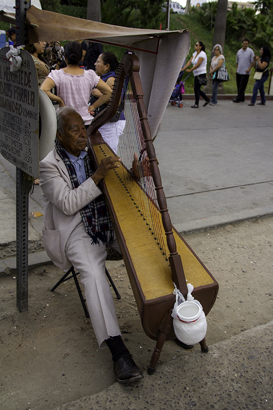 man playing harp while we wait in line