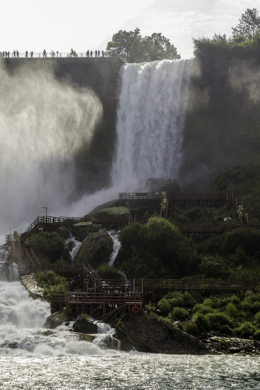 Cave of the Winds stairway in front of Bridal Veil Falls on Goat Island