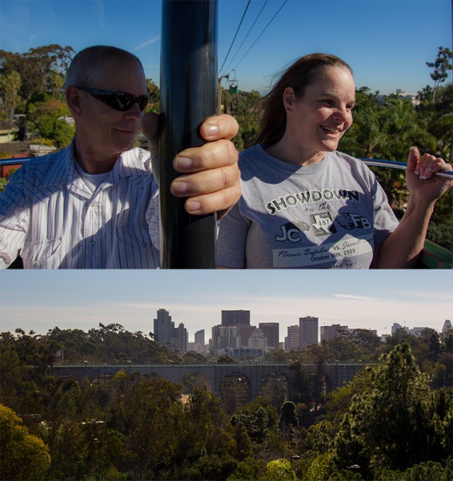on the aerial tram overlooking zoo and cityscape
