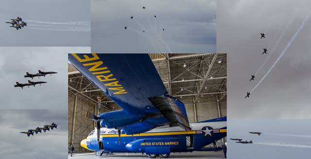 Fat Albert surrounded by F/A-18s in demonstration flight