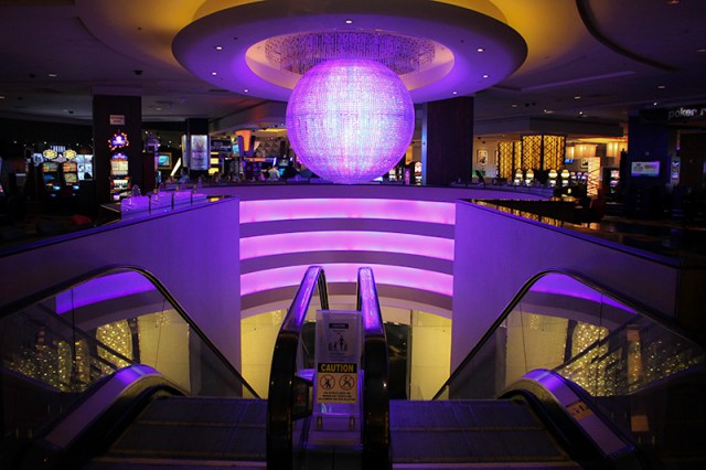 purple disco ball chandelier in Planet Hollywood