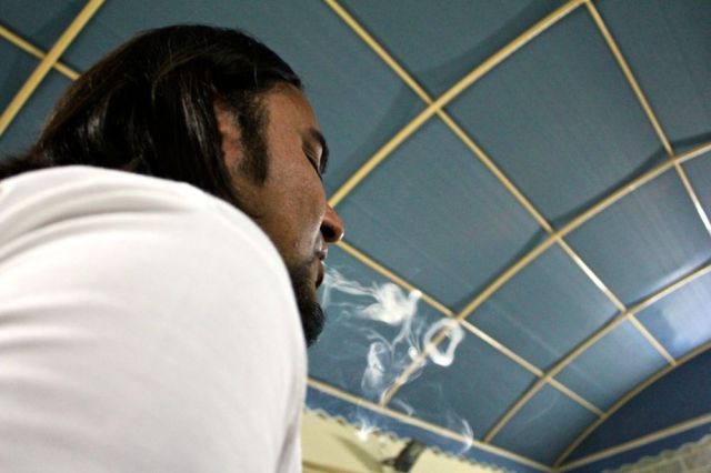 Sabi showing us how to blow smoke rings 