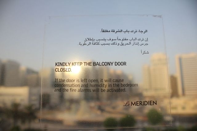 sign on the window, room 529, Le Meridien