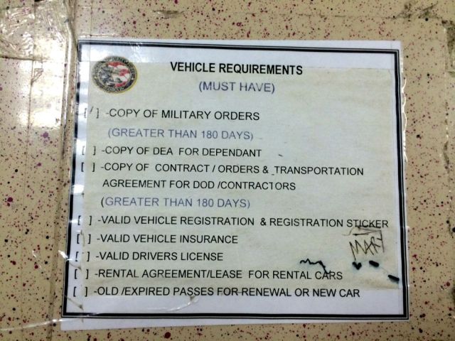 checking to see what we need to get the rental car on base