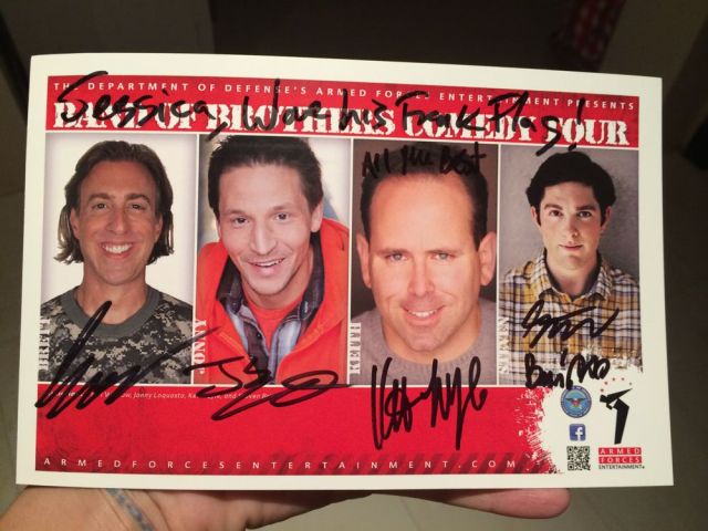 card signed by Band of Brothers comedians