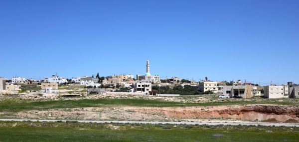 a mosque in the distance